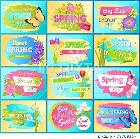 Labels Set Super Offer Spring Sale Adverts Flowers 78709357