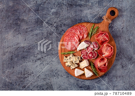 Serving board with meat and cheese snacks. Serving board with meat and cheese snacks. 78710489