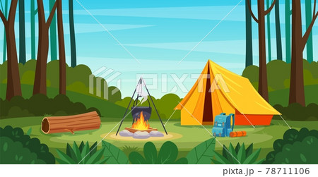 Summer camp in forest with bonfire, tent, backpack 78711106
