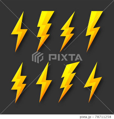 Yellow lightning bolt icons collection. Flash symbol, thunderbolt. Simple lightning strike sign Yellow lightning bolt icons collection. Flash symbol, thunderbolt. Simple lightning strike sign 78711258