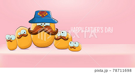 happy fathers day horizontal banner with cartoon father potato and son potato. cartoon funny comic fathers day vector label or icon isolated on soft pastel pink background 78711698
