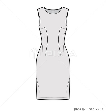 Dress sheath technical fashion illustration with sleeveless, fitted body, knee length pencil skirt. Flat apparel front 78712294