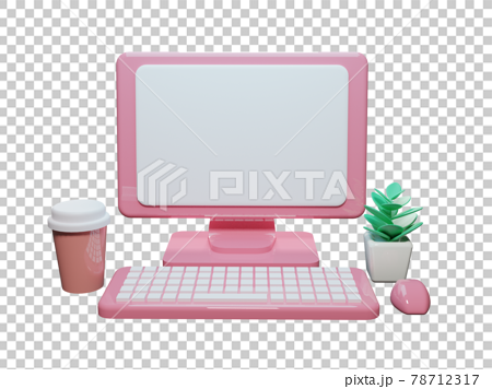 ピンクのかわいいデスクトップパソコンのイラスト素材