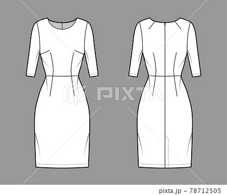 Dress sheath technical fashion illustration with natural waistline, fitted body, knee length pencil skirt Flat apparel 78712505
