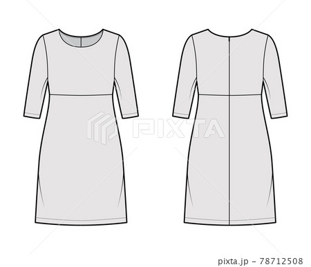 Dress empire line technical fashion illustration with elbow sleeves, oversized body, knee length A-line skirt apparel 78712508