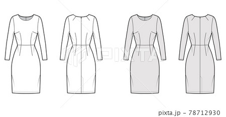 Dress sheath technical fashion illustration with long sleeves, fitted body, natural waistline, pencil skirt Flat apparel 78712930