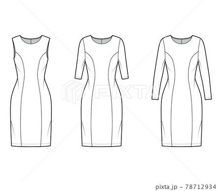 Set of Dresses princess line technical fashion illustration with long short sleeve, fitted body knee length pencil skirt Set of Dresses princess line technical fashion illustration with long short sleeve, fitted body knee length pencil skirt 78712934