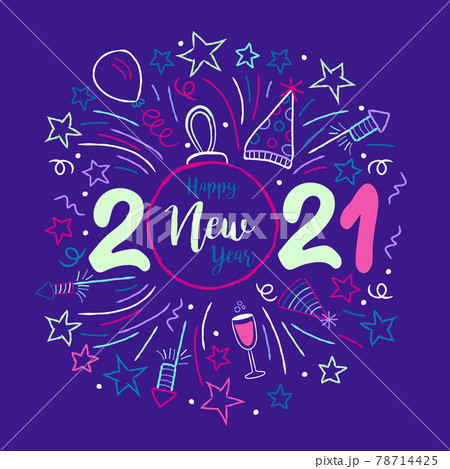 Happy New Year 2021 ornament doodle party card 78714425