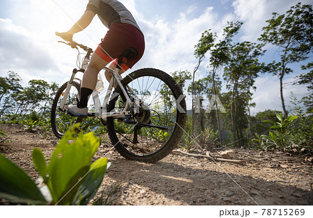 Woman cyclist cycling on mountain top forest trail 78715269