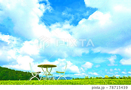 癒しの時を楽しむガーデンチェアーと青い空と白い雲のイラスト素材 癒しの時を楽しむガーデンチェアーと青い空と白い雲のイラスト素材