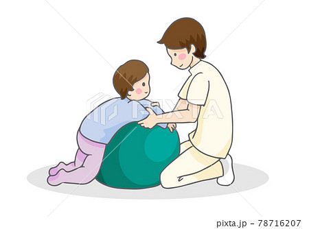 ボールを使ってリハビリする子供とセラピスト 78716207