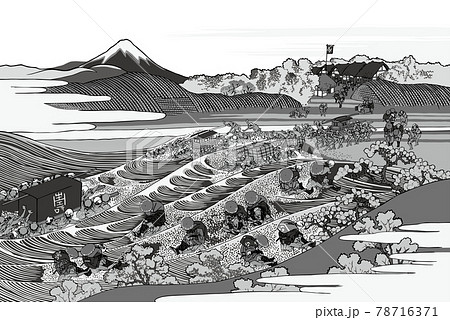 葛飾北斎イメージ東海道金谷ノ不二白黒白バックのイラスト素材