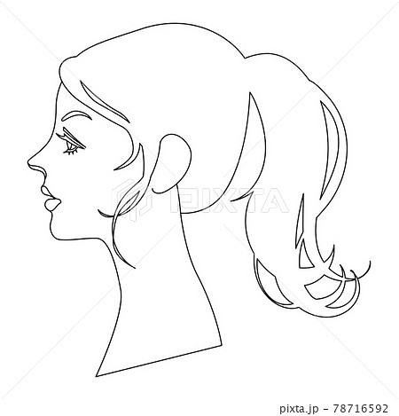 ポニーテールの女性 横顔 モノクロ線画のイラスト素材