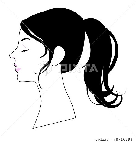 目を閉じた黒髪のポニーテールの女性 横顔のイラスト素材