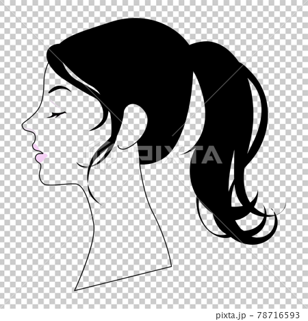 目を閉じた黒髪のポニーテールの女性 横顔のイラスト素材