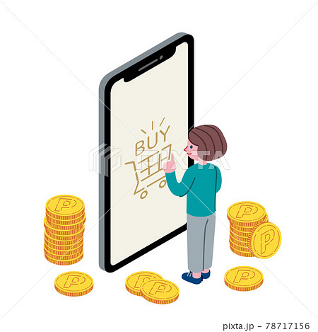 スマホで買い物をしてポイントゲットしている女性のイラストのイラスト素材