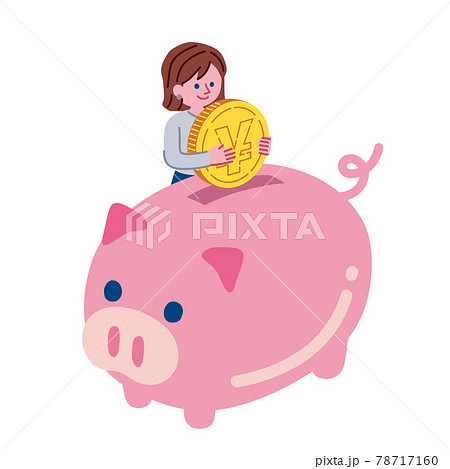 豚の貯金箱と女性のイラストのイラスト素材