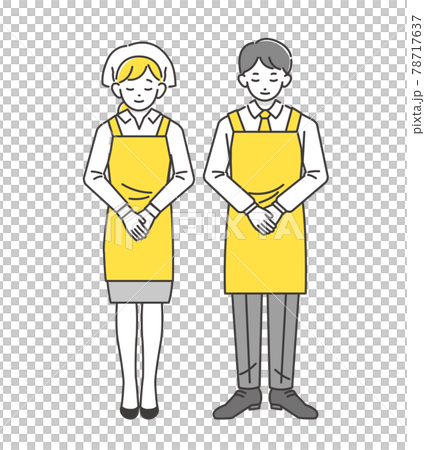 男人和女人在圍裙鞠躬/超市/餐廳的矢量插圖 男人和女人在圍裙鞠躬/超市/餐廳的矢量插圖 78717637