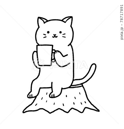 コップを持って切り株に座る猫のイラスト 線画のイラスト素材