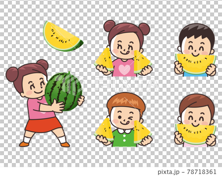 黄色いスイカ カットされた黄色いスイカを食べる子供のイラスト素材