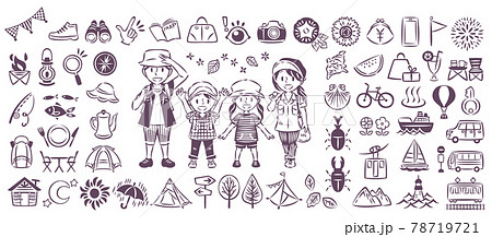夏休みのアウトドアのレジャー観光や旅行を楽しむ家族　アイコンイラストセット 78719721