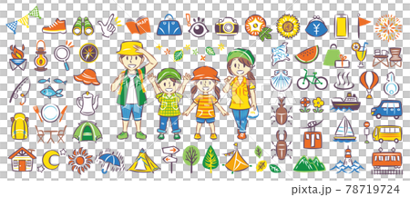 夏休みのアウトドアのレジャー観光や旅行を楽しむ家族 アイコンイラストセットのイラスト素材