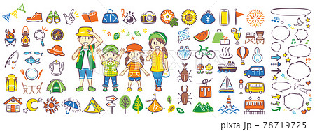 夏休みのアウトドアのレジャー観光や旅行を楽しむ家族　アイコンイラストと吹き出しセット 78719725