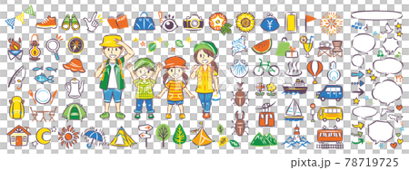 Family who enjoys outdoor leisure sightseeing and travel during summer vacation Icon illustration and balloon set 78719725