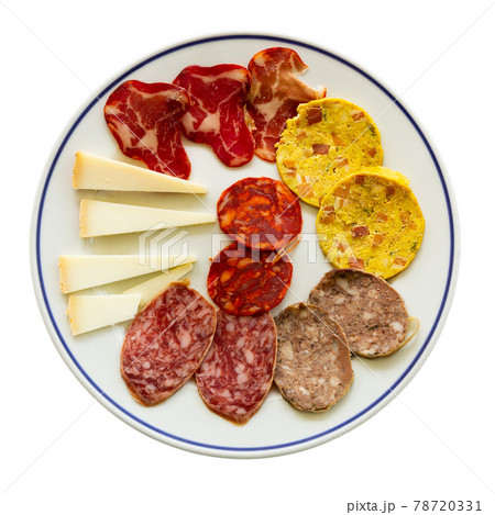 Slicing of different varieties of smoked sausages, carbonade, omelet and pieces of hard cheese Slicing of different varieties of smoked sausages, carbonade, omelet and pieces of hard cheese 78720331