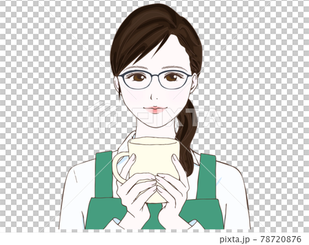 A woman in an apron wearing glasses with a mug A woman in an apron wearing glasses with a mug 78720876