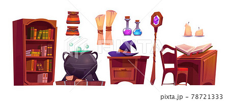 Magic school interior with open book of spell Magic school interior with open book of spell 78721333