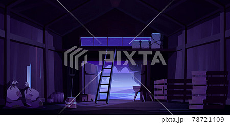 Barn on farm with harvest, straw and hay at night 78721409