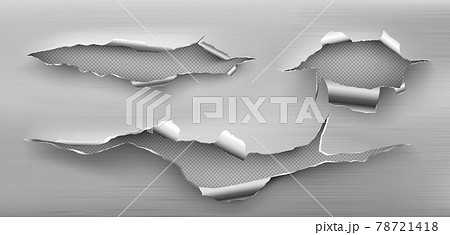 Metal rip holes with curly edges, ragged cracks 78721418