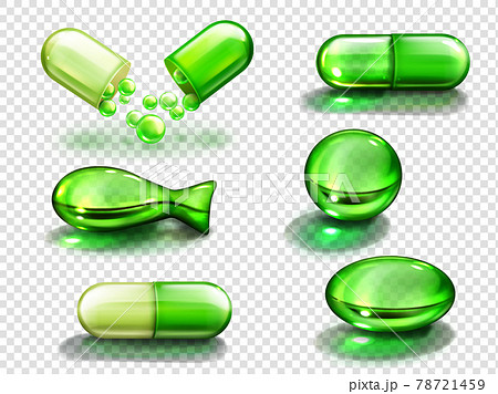 Green capsule with vitamin, collagen or medicine 78721459