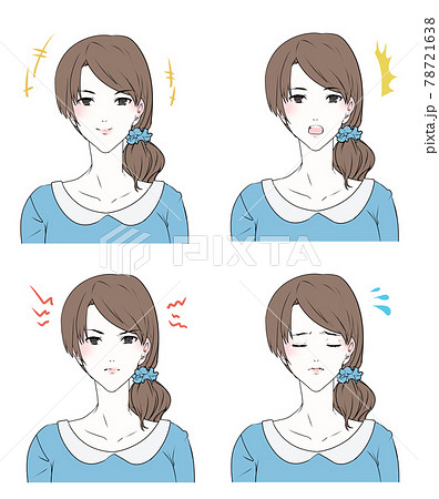 イラスト素材 ロングヘアの若い女性の表情セットのイラスト素材