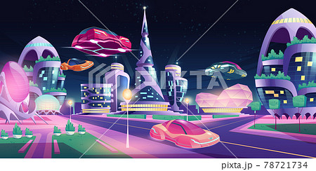 Future night city futuristic buildings flying cars 78721734