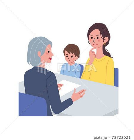 受付業務をするシニア女性と親子のイラストのイラスト素材