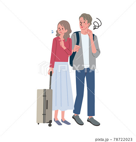 旅行に出かけるシニアの夫婦のイラスト 困った表情のイラスト素材 旅行に出かけるシニアの夫婦のイラスト 困った表情のイラスト素材