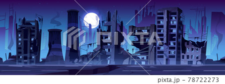 City Destroy In War Abandoned Buildings At Night のイラスト素材
