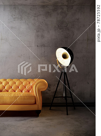 yellow leather sofa and lamp on the lofe wall. room interior design with gray wall and wooden floor. 3d vertical background 78725592