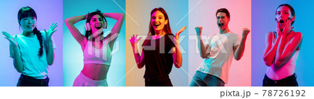 Portraits of group of people on multicolored background in neon light, collage. Portraits of group of people on multicolored background in neon light, collage. 78726192