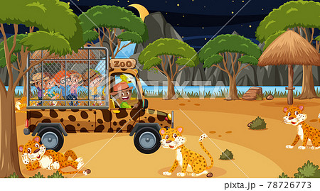 Safari At Night Time Scene With Children のイラスト素材