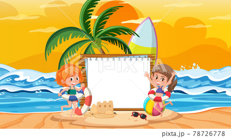 Empty banner template with kids on vacation at the beach sunset scene Empty banner template with kids on vacation at the beach sunset scene 78726778