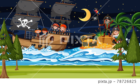 Treasure Island scene at night with Pirate kids on the ship 78726825