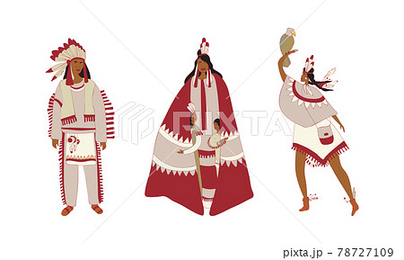 Red Indians Wearing Broad Clothing with Feathers Vector Set Red Indians Wearing Broad Clothing with Feathers Vector Set 78727109
