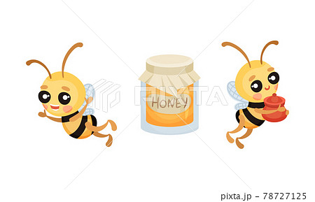 Cute Striped Bee Character with Yellow Body Flying with Honey Pot Vector Set 78727125