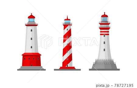 Lighthouse Tower Serving as Navigational Aid on Sea Vector Set 78727195
