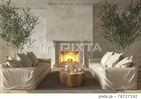 Scandinavian farmhouse style living room interior with natural wooden furniture and fireplace 3d render illustration 78727592