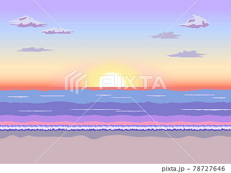 朝焼けが綺麗な早朝の海の風景イラストのイラスト素材