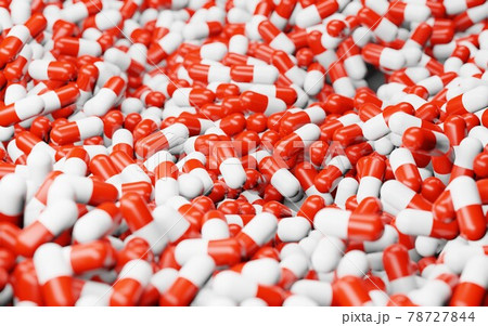 Red white capsules, pile of pills on background, pharmaceutical industry, medicine and vitamins, health care products, pharmacy and drug, antibiotics and painkillers, food supplement, 3d illustration 78727844